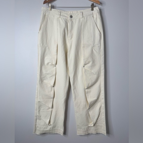 JHYQ Heavy Organic Cotton Deconstructed Studded Raw Hem Wide Leg Jeans Off White - Picture 3 of 13